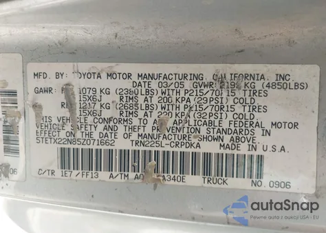 2005 Toyota Tacoma z USA, uszkodzony, nr VIN 5TETX22N85Z071662